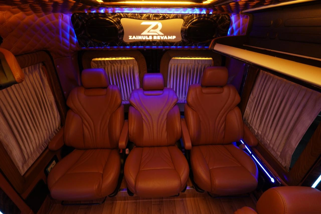 Tour van interior with reclining seats
